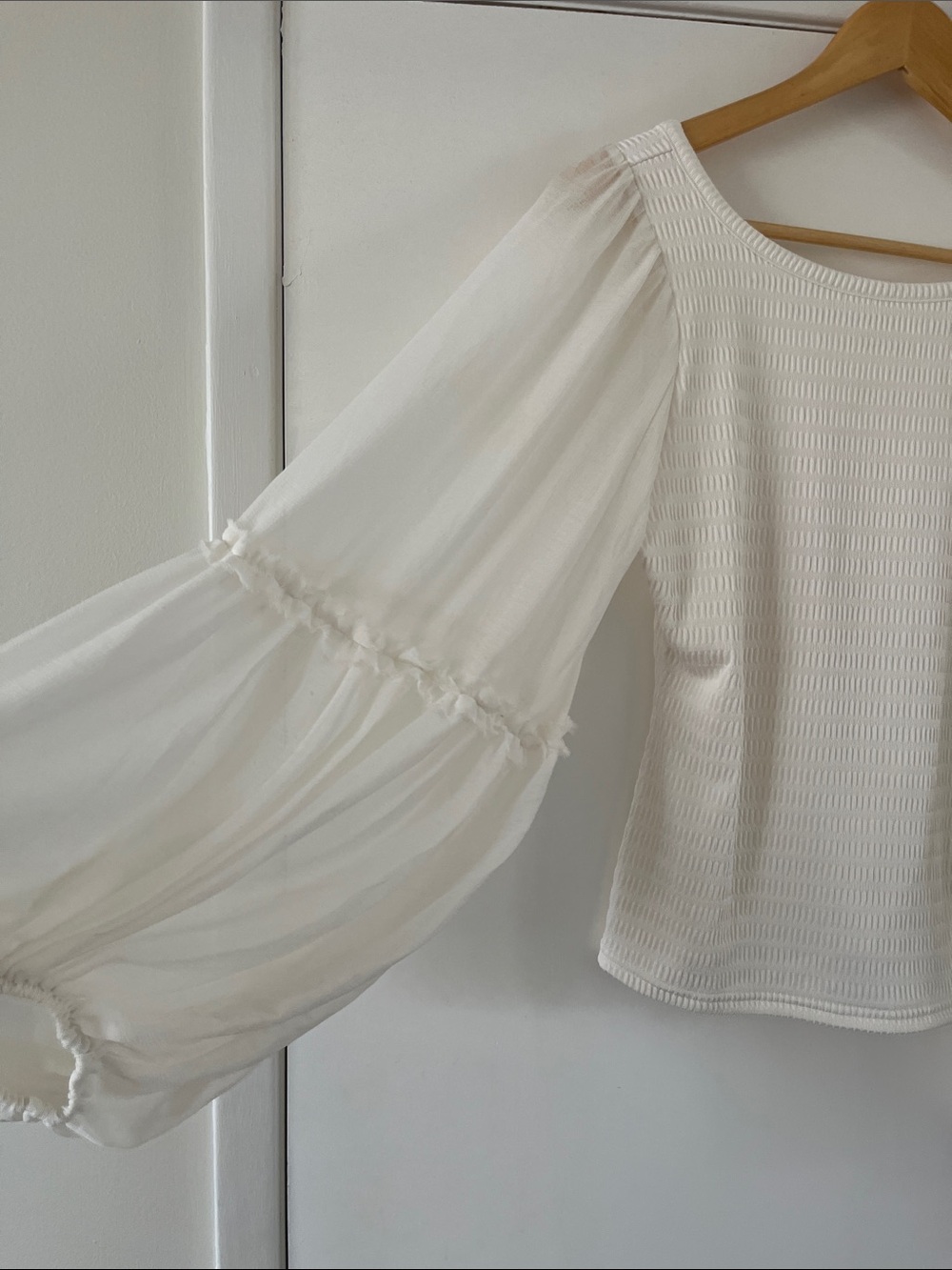 Anthropologie Cream Smocked Bodice Balloon Sleeve Blouse - Picture 2 of 5